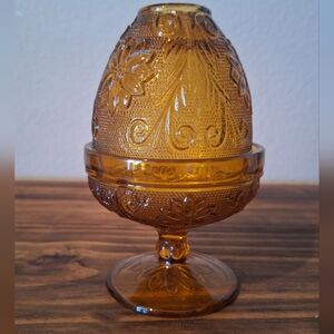 Vintage 2 Pc Elegant Indiana Glass Amber Decorative Fairy Lamp Covered Dish